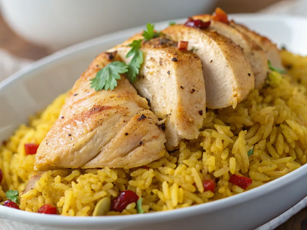 ultra detailed close-up of the chicken yellow rice